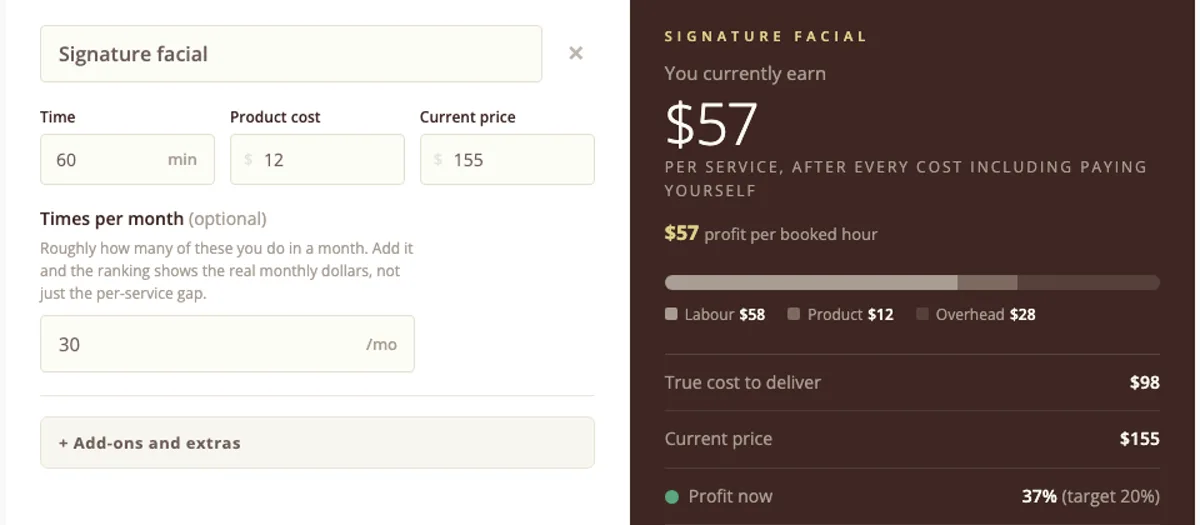 The results screen inside the Clinic Service Pricing Calculator, filled with sample figures
